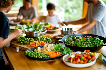 Naklejka premium A vibrant gathering around a table filled with fresh, colorful salads and vegetables, showcasing a communal cooking experience.