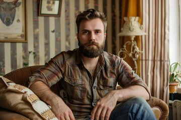 Obraz premium Handsome Caucasian Man with Beard Posing in Vintage Chic Living Room with Striped Wallpaper and Oak Floor