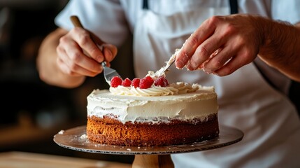 Baker expertly frosting a cake, soft beige backdrop, image positioned right, showcasing culinary artistry and attention to detail