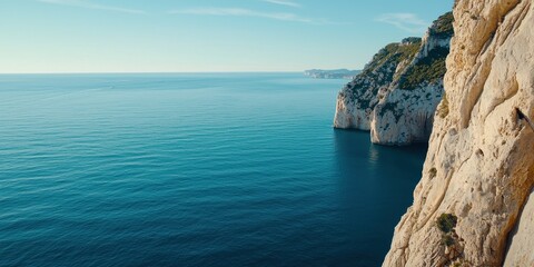 Fototapeta premium Aerial view topography composition concept. Serene coastal view with cliffs and calm blue waters under a clear sky.
