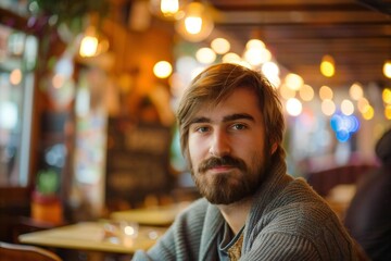 Fototapeta premium Handsome Caucasian Man with Beard in a Cozy Cafe: Blurred Interior with Empty Table