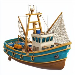 3D icon cartoon fishing trawler with nets and gear, isolated on a white background 