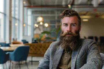 Naklejka premium Stylish Caucasian Man with Beard in Modern Business Office Setting