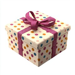 3D icon cartoon gift box with polka dots and a matching ribbon, isolated on a white background