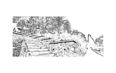 Print Building view with landmark of Bursa inTurkey city. Hand drawn sketch illustration in vector.