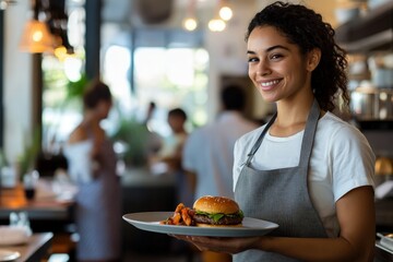Smiling waitress holding plate with burger and fries in restaurant