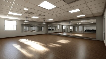 Empty dance studio with mirrors, hardwood floor, and natural light. Ideal for fitness or dance class promotions