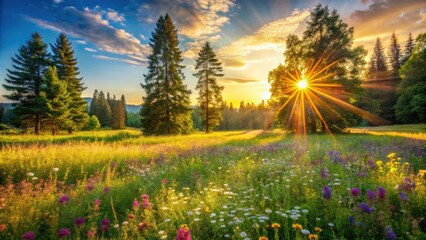 Serene Sunset Illuminating a Wildflower Meadow with Tall Trees