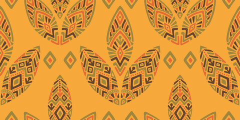 Fototapeta premium Seamless African pattern with leaf shield. Savanna tribal vector ornament. Hand drawn weave ethnic carpet. Modern geo print on textile. Ancient rug design for bohemian interior