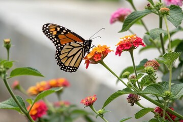 Obraz premium A butterfly sipping nectar from a colorful flower, insect, art, floral