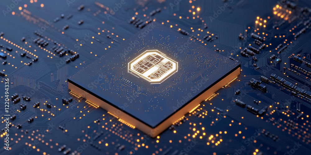 Poster Circuit board with glowing processor in technology setting