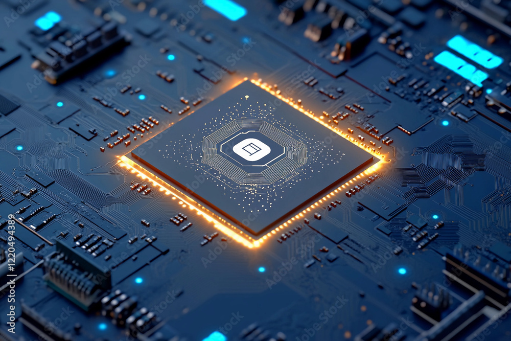 Poster computer chip glowing on circuit board close up