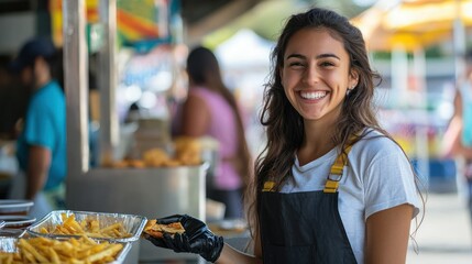 A smiling employee serving food to guests at an amusement park concession stand.
