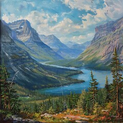 Majestic view of the Julian Alps with clear alpine lake and verdant valleys under a bright blue sky in Friuli Venezia Giulia, Mountains, lake, forest and sky. View of nature. 


