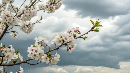 Obraz premium A close-up shot of sour cherry blossoms in full bloom against a backdrop of light grey and white clouds, sour cherry blossoms, soft focus