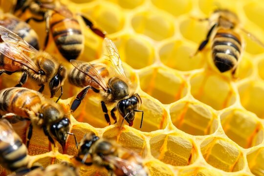 Close up of honey bees working diligently on a honeycomb, creating and storing honey within the hexagonal cells