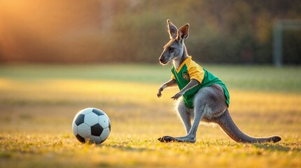 Kangaroo in Green Jersey Playing Soccer on a Field