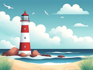 Red and white lighthouse on rocky coast with seagulls and clouds