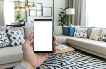 Hand holding smartphone with blank screen in modern living room. (1)