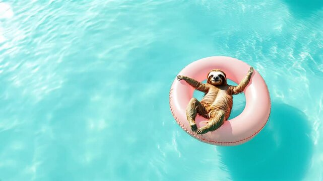 Sloth relaxing on pink inflatable pool float in blue water, perfect summer vacation concept, horizontal video