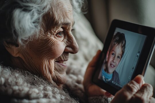 Elderly woman smiles while video chatting with her grandson on a tablet, cherishing the connection.