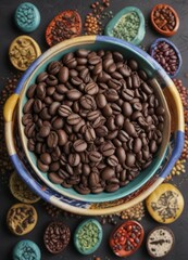 Fototapeta premium A collection of coffee beans from different regions is arranged in a colorful ceramic bowl, global cuisine, vibrant colors