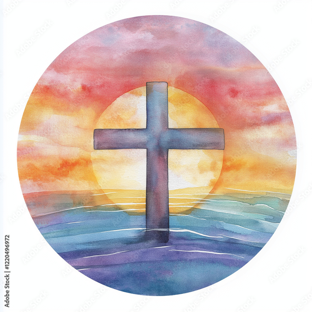 Wall mural Logo cross sunrise watercolor minimalist