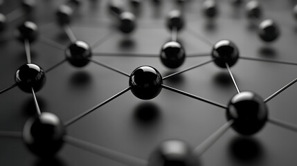 Abstract molecular structure with black spheres and connections in dark background