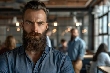 Obraz premium Handsome Caucasian Man with Beard Leading Corporate Team through Office