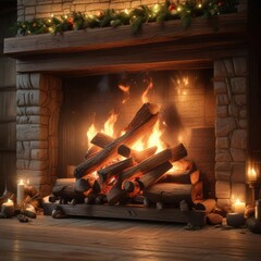 A crackling fire in a wooden fireplace on Christmas Eve, festive atmosphere, comfortable, natural wood