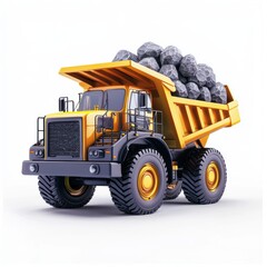 Obraz premium 3D icon cartoon mining truck with a full load of rocks, isolated on a white background