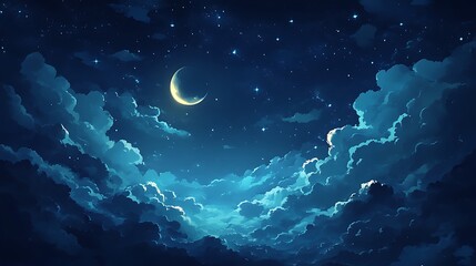 A dark night sky with clouds and the moon