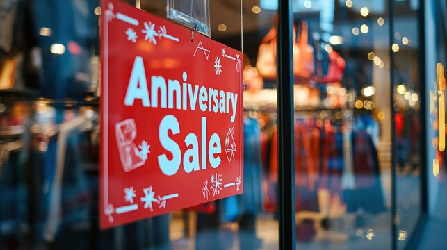 A store window with "Anniversary Sale" signs, enticing customers with special offers and discounts.