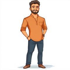 Fototapeta premium Male cartoon in Indian kurta and jeans, white background
