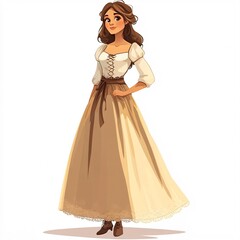 Fototapeta premium A cartoon woman wearing a traditional Italian dress from Tuscany, featuring a simple yet elegant design with a lace-up bodice and long skirt, against a plain white background