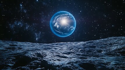 A blue planet with rings floats in the sky with glowing sun