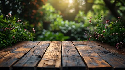 Wood desk in front of a natural garden background. Summer lifestyle concept	