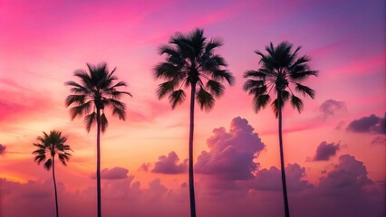Naklejka premium Silhouettes of tropical palm trees at sunset, vibrant pink and orange sky with fluffy clouds