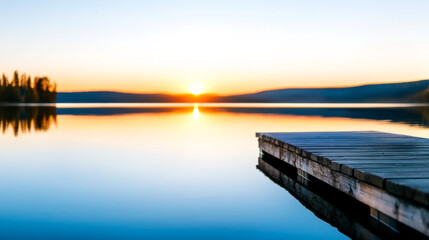 Fototapeta premium A serene lake at sunset with a wooden dock, reflecting colorful skies and surrounding trees.