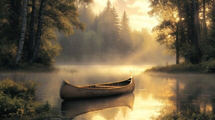 Sunrise canoe, misty lake, forest, calm, peaceful, nature