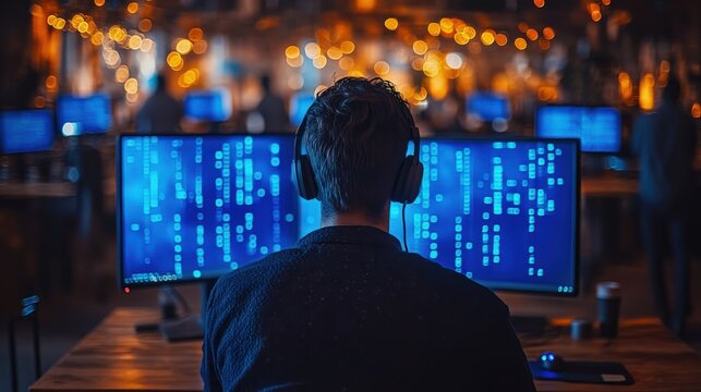 Focused Programmer in High-Tech Workspace