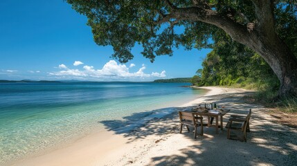 Tropical beach lunch, table set under tree, ocean view, island getaway