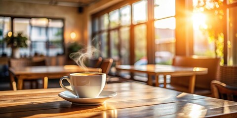 Warm morning sunlight illuminating a steaming cup of coffee on a wooden table in a cafe
