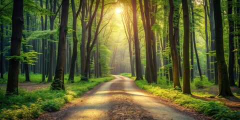 Naklejka premium Serene Forest Path at Sunrise A sunlit road winds through a lush green forest, bathed in the golden glow of morning light.