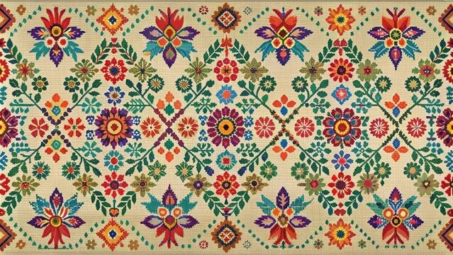Vibrant Floral Textile Design Featuring Intricate Needlepoint Embroidery with Symmetrical Patterns and a Beige Background