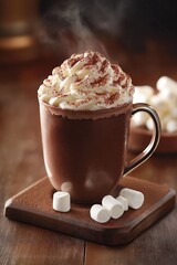 A cup of hot chocolate with a fluffy swirl of whipped cream, cocoa powder dusting, and mini marshmallows on a wooden coaster.