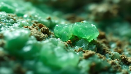 Luminous Green Crystals Embedded In Sandy Matrix Close Up View