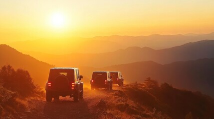 Mountain Convoy Crossing at Sunset