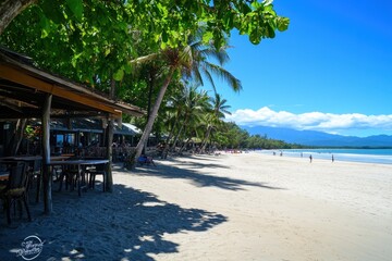Tropical beach cafe, sunny day, palm trees, mountains