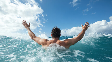 Man in ocean waves, arms raised, embracing freedom and adventure